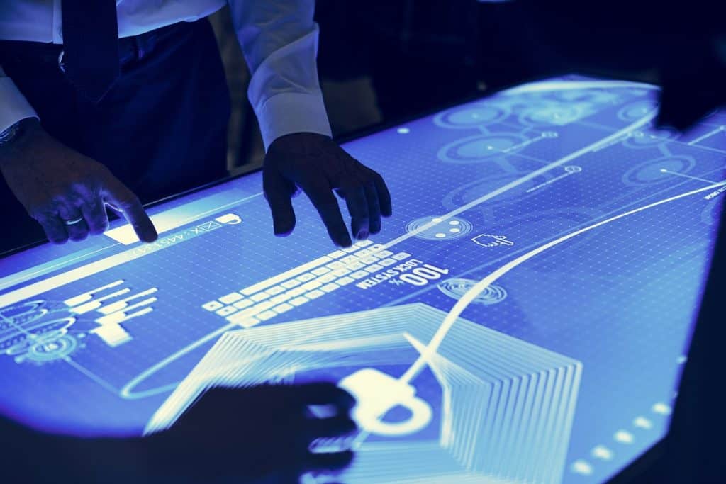 Technology meeting at cyber space table Touch Screen Rental